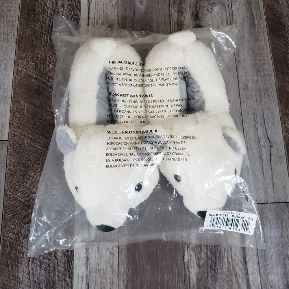 NWT Dearfoams Polar Bear Slippers Size 4-5 Hard Soles Christmas Plush 3D Animal